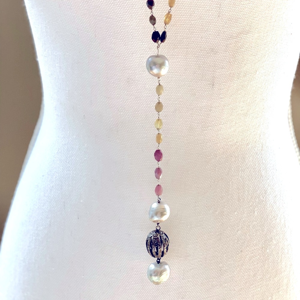 Baroque Pearls and  black diamonds multi stone wire wrapped necklace , NWT